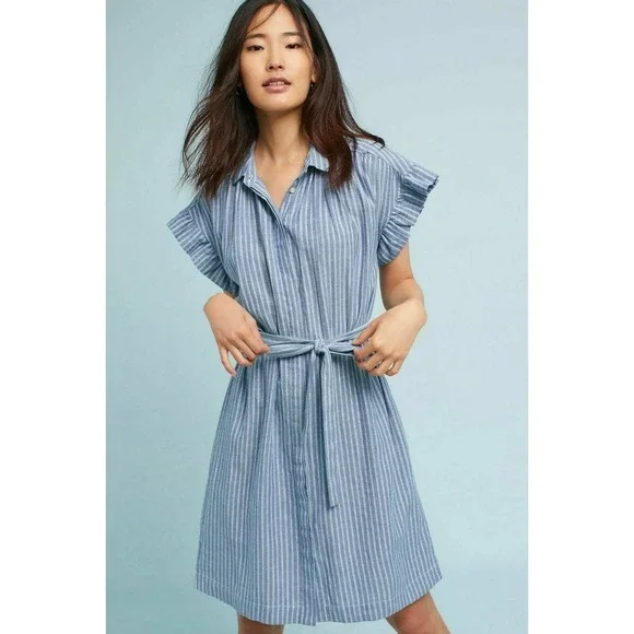 blue pinstripe tie waist shirt dress Tie Wrap Shirt Dress in Blue Multi – MONSE main image 0